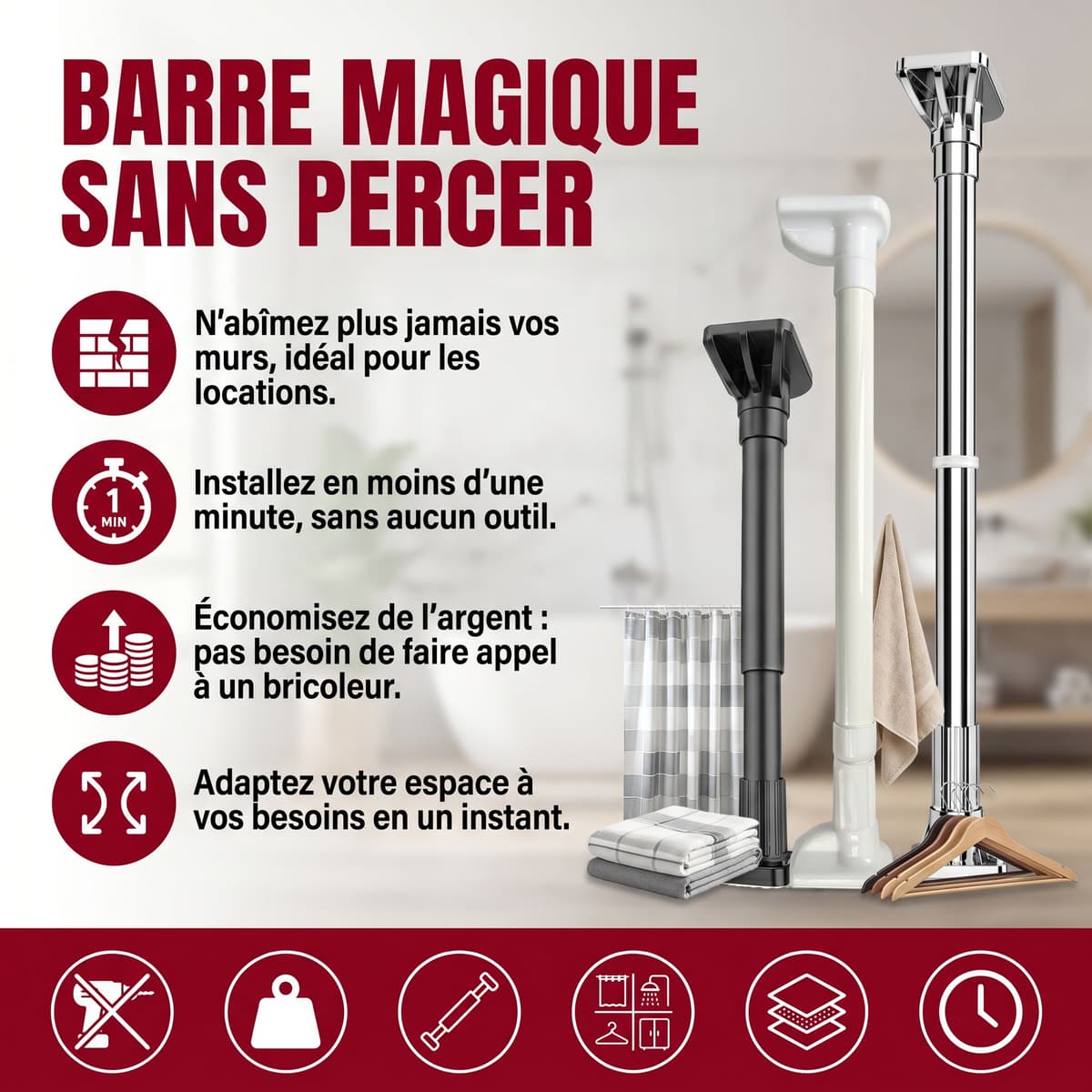 Barre Télescopique Multi-usages Ultra-Résistante Sans Perçage