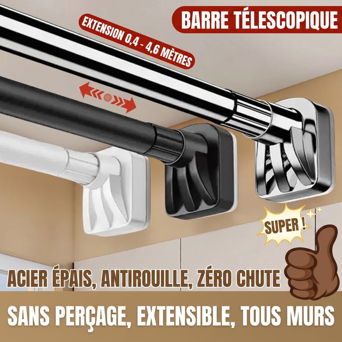 Barre Télescopique Multi-usages Ultra-Résistante Sans Perçage 8