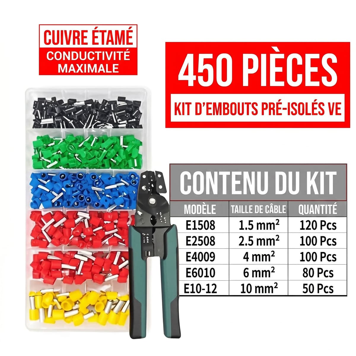 Kit Professionnel de Sertissage avec 450 Embouts de Câblage et Pince 7