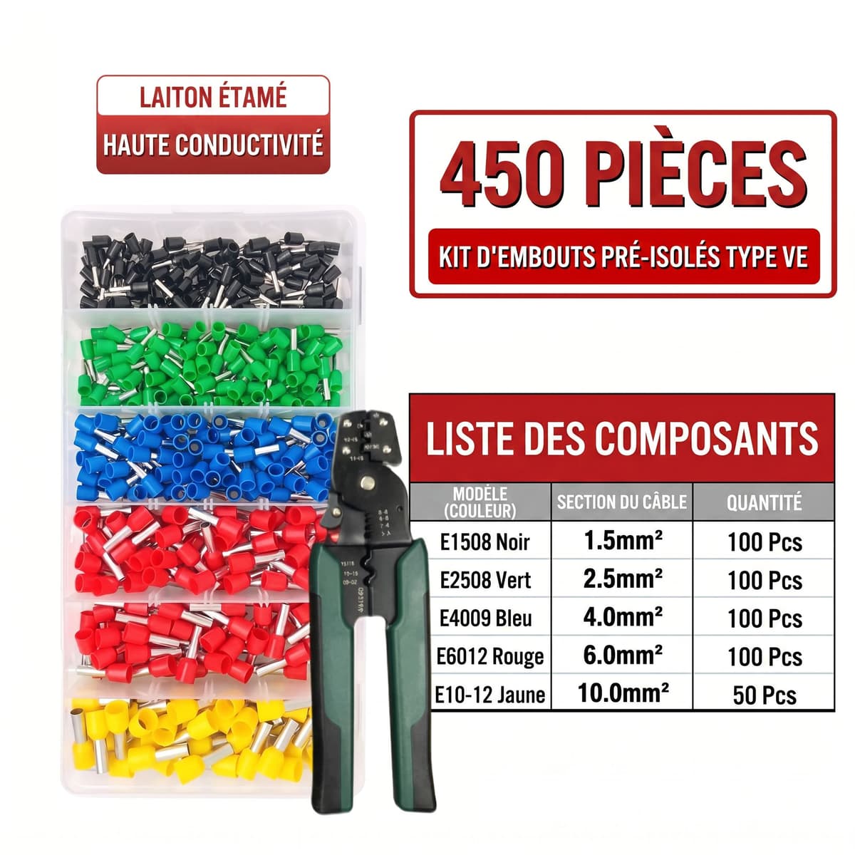 Kit Professionnel de Sertissage avec 450 Embouts de Câblage et Pince 5