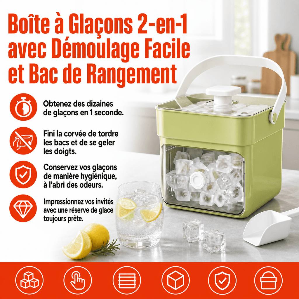 Boîte à Glaçons 2-en-1 avec Démoulage Facile et Bac de Rangement