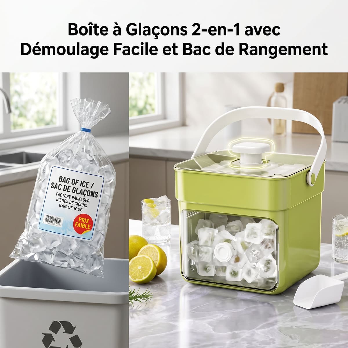 Boîte à Glaçons 2-en-1 avec Démoulage Facile et Bac de Rangement 2